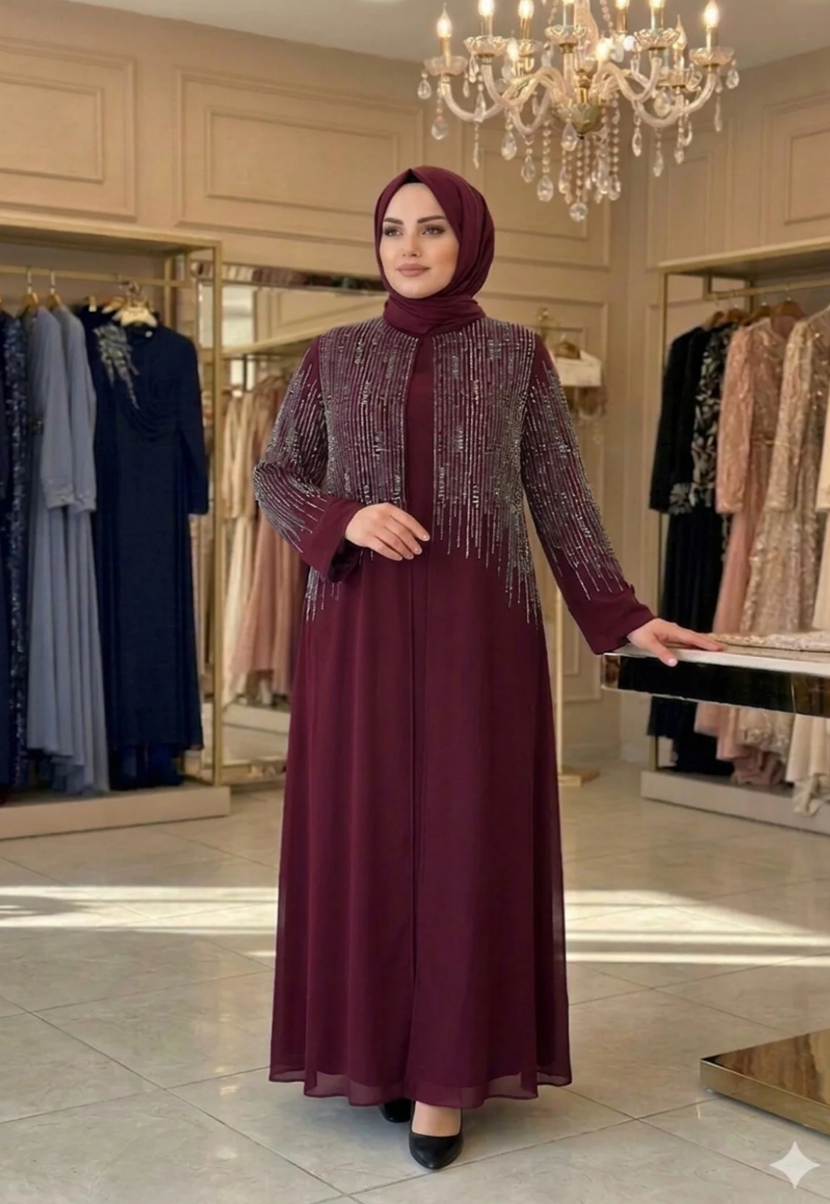 Bordo taş detaylı tesettür abiye